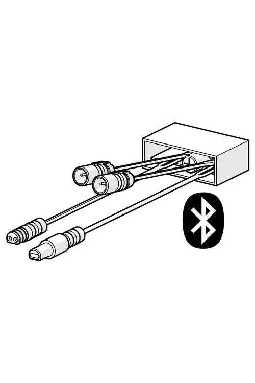 Schematische Darstellung einer Kontrolleinheit mit mehreren Anschlüssen und einem Bluetooth-Symbol, hergestellt von HANSA. Kabel leiten zu verschiedenen Steckverbindern.